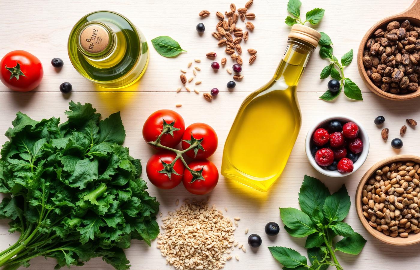 Fresh Mediterranean ingredients arranged on a light wooden surface