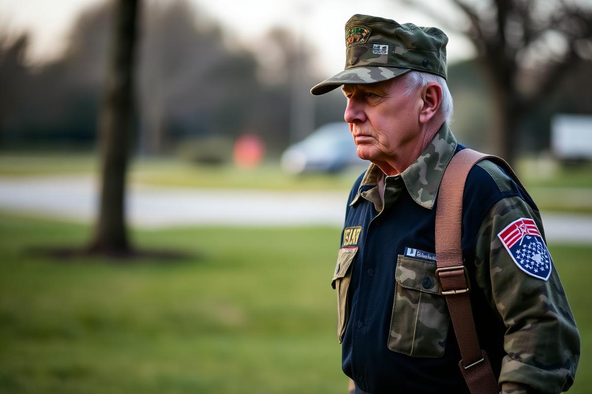 A US military veteran walking outdoors in early morning light